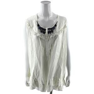 Fashion Bug Womens Top Plus Size 3X White Blue Beaded Boho Ruffle Hem Sleeveless